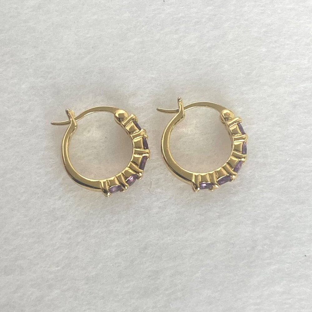 Gold Vermeil Sterling Silver 925 DBJ Round Amethyst Small Huggie Hoop Earrings - Picture 6 of 16